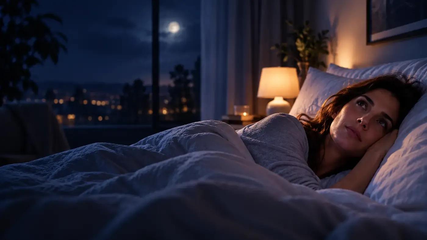 Woman lying awake in bed at night