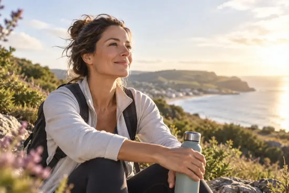 Woman resting on a coastal hillside in warm morning light
