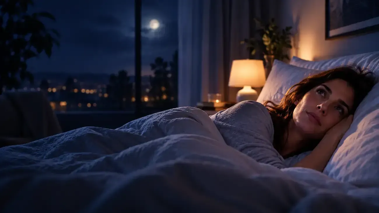 Woman awake in bed at night with a thoughtful expression