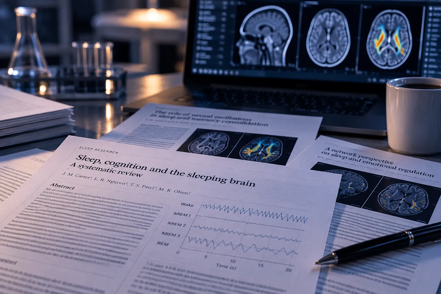 Sleep and neuroscience research papers with brain imaging and scientific analysis